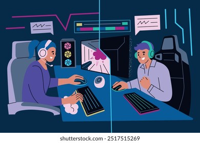 Vector illustration of two gamers communicating online and playing video game with headsets and PC. Fun, teamwork, and competition in a virtual setting. Flat cartoon style. Streaming and gaming themes