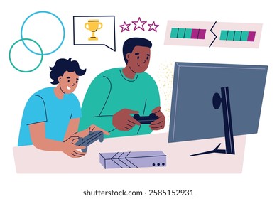 Vector illustration of two gamers playing video game on console, friends competing in esports match. Composition with cartoon characters, monitor, controllers, and trophy, teamwork and gaming culture