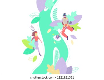 Vector illustration of two gardeners taking care of the garden with hayfork and string trimmer. Dynamic flat colorful illustration. Background or border design.