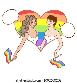 Vector illustration of two gay women faces on brushed rainbow heart background with speech bubbles. Concept of gay love, lgbt movement, free love, gay rights, lesbian rights, equality, pride parade