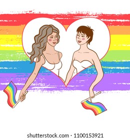 Vector illustration of two gay women faces on brushed rainbow heart background holding hands. Concept of gay love, lgbt movement, free love, gay rights, lesbian rights, equality, pride parade