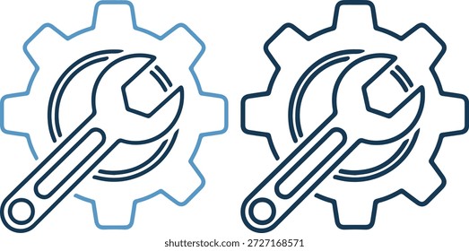 Ilustración vectorial de dos íconos de engranajes con herramientas de llave en azul y azul oscuro sobre un fondo blanco puro, que representan Configuraciones y mantenimiento