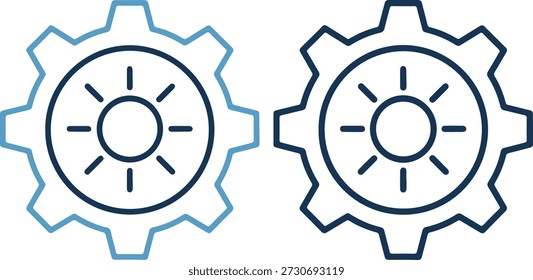 Vektorgrafik von zwei Zahnradsymbolen mit Sunburst-Design in blauem Umriss auf weißem Hintergrund, die Industrie- und Energiekonzepte darstellen.