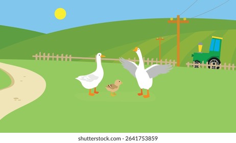 Vector illustration of two geese and a duckling on a farm