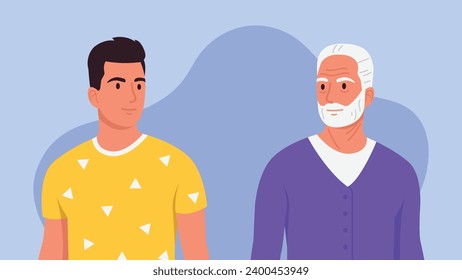 Vector illustration of two generations of men. Cartoon scene with a young guy and an old gray-haired grandfather with a beard isolated on a blue background. Generations of people.