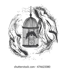 vector illustration of two ghosts flying around bird cages in the style of hand drawn / illustration to the Halloween