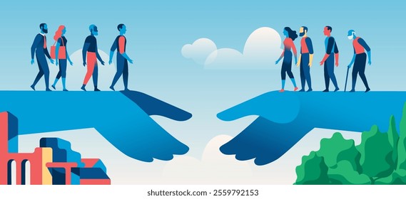 Vector illustration of two giant hands supporting people walking toward each other, symbolizing connection, teamwork, cooperation, and bridging gaps