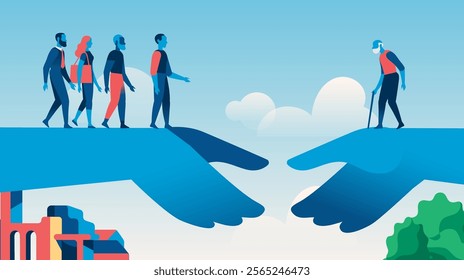 Vector illustration of two giant hands supporting young people walking towards an old person