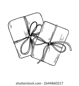 Vector illustration of two gift boxes tied with twine, top view. Christmas or birthday presents in paper etching drawing for holiday branding, packaging design, cozy rustic projects.