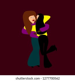 vector illustration, two girlfriends of different skin colors hugging, female friendship, vector illustration