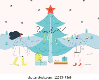 Vector illustration of two girls. Concept winter sale illustration. People character flat design. Minimalist style.