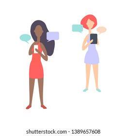 Vector illustration.  Two girls of different nationalities in dresses with telephones, work, communicate. Infographics on the theme of  technology, cognition,business.