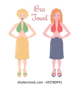 Vector illustration of the two girls dressed in bra towel for boobs.