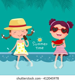 Vector illustration of two girls eating ice cream and watermelon at the pool