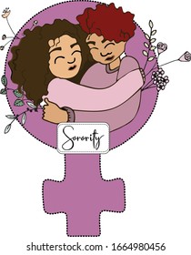 Vector illustration of two girls embracing, hugging each other inside feminist symbol, decorates with flowers and a banner with "sorority" written on it