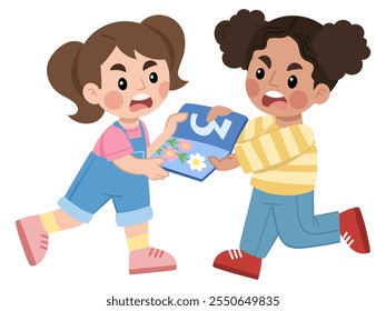 Vector illustration of two girls fighting over a book