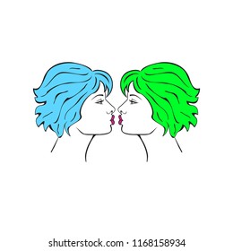 vector illustration of two girls kissing, linear design
