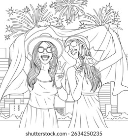 Vector illustration, two girls at a party with a canadian flag, coloring