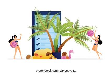 Ilustración vectorial de dos niñas jugando voleibol entre aplicaciones de reserva de boletos de vacaciones y plantas de playa tropicales. El diseño puede ser utilizado para la página de inicio, sitio web, afiche, aplicaciones móviles, anuncios, volante, tarjeta