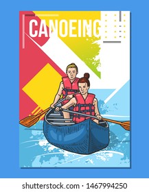 Vector illustration of two girls rowing in canoe. Sport themed poster on abstract background. Canoeing, kayaking sport