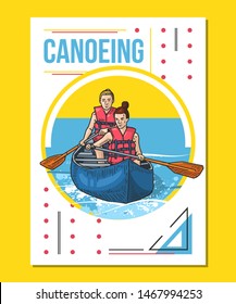 Vector illustration of two girls rowing in canoe. Sport themed poster on abstract background. Canoeing, kayaking sport