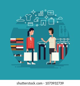 Vector illustration of two girls shopping together. Two women standing in front each other smiling and choosing trousers to fit. Modern flat style.