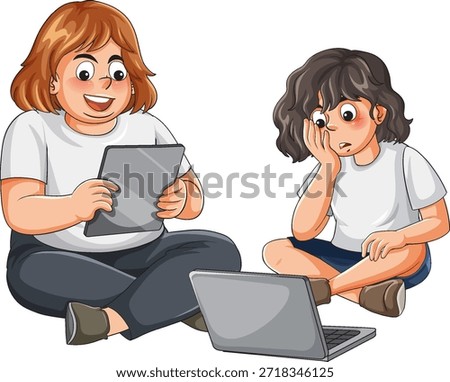 Vector illustration of two girls sitting on floor using tablet and laptop with different emotions