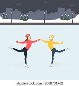 Imagen vectorial de dos niñas patinando en una pista de patinaje en la ciudad en invierno. Deportes de invierno. Moda de invierno. Vacaciones. Actividades al aire libre