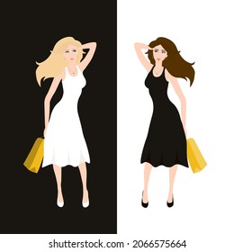 Ilustración vectorial de dos niñas. Una rubia delgada con un vestido blanco sobre un fondo negro y una morena sexy con un vestido negro sobre un fondo blanco ambos con compras. Gemelos. Monocromo. Venta