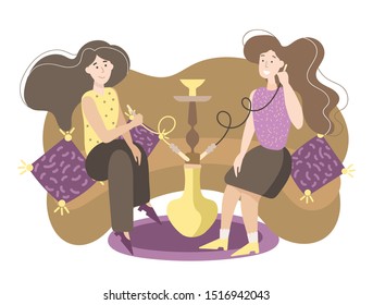 Vector illustration two girls smoke a hookah on a sofa.