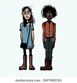 Vector illustration of two girls standing in a dark cartoon style.