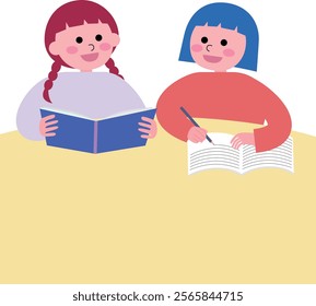 A vector illustration of two girls studying together as friends