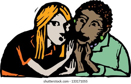Vector illustration of two girls telling secrets to each other