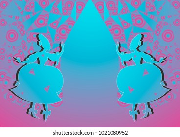 Vector illustration of two girls in theatrical vintage dresses with bows open the theatrical curtain from two sides symmetrically. Abstract geometric pattern of triangles decorative  festive