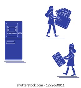 Vector illustration with two girls use ATM services. Bank card, wallet, banknote, coin. Personal finance management. Design for banner, poster or print.