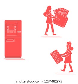 Vector illustration with two girls use ATM services. Bank card, wallet, banknote, coin. Personal finance management. Design for banner, poster or print.