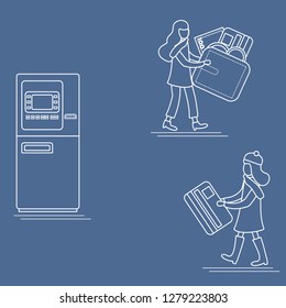 Vector illustration with two girls use ATM services. Bank card, wallet, banknote, coin. Personal finance management. Design for banner, poster or print.