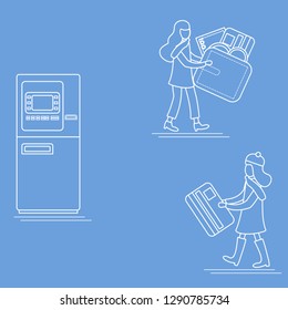 Vector illustration with two girls use ATM services. Bank card, wallet, banknote, coin. Personal finance management. Design for banner, poster or print.