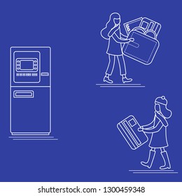 Vector illustration with two girls use ATM services. Bank card, wallet, banknote, coin. Personal finance management. Design for banner, poster or print.