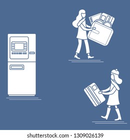 Vector illustration with two girls use ATM services. Bank card, wallet, banknote, coin. Personal finance management. Design for banner, poster or print.