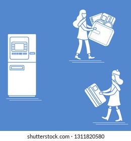 Vector illustration with two girls use ATM services. Bank card, wallet, banknote, coin. Personal finance management. Design for banner, poster or print.