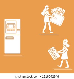 Vector illustration with two girls use ATM services. Bank card, wallet, banknote, coin. Personal finance management. Design for banner, poster or print.