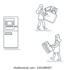Vector illustration with two girls use ATM services. Bank card, wallet, banknote, coin. Personal finance management. Design for banner, poster or print.