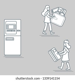 Vector illustration with two girls use ATM services. Bank card, wallet, banknote, coin. Personal finance management. Design for banner, poster or print.