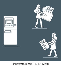 Vector illustration with two girls use ATM services. Bank card, wallet, banknote, coin. Personal finance management. Design for banner, poster or print.