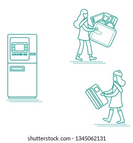 Vector illustration with two girls use ATM services. Bank card, wallet, banknote, coin. Personal finance management. Design for banner, poster or print.