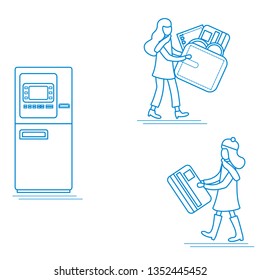 Vector illustration with two girls use ATM services. Bank card, wallet, banknote, coin. Personal finance management. Design for banner, poster or print.