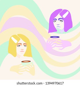 Vector illustration of two girls who holding paper cup of coffee with abstract print on background. Light color flat design of coffee-to-go for mobile app, web page, article, t-shirts or print.