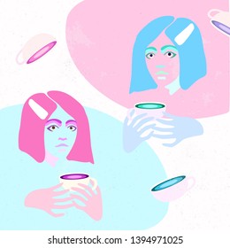 Vector illustration of two girls who holding paper cup of coffee with abstract print on background. Light color flat design of coffee-to-go for mobile app, web page, article, t-shirts or print.