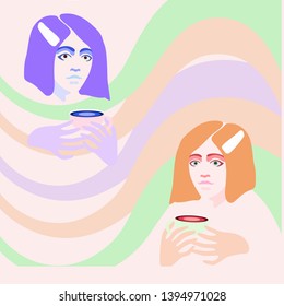 Vector illustration of two girls who holding paper cup of coffee with abstract print on background. Light color flat design of coffee-to-go for mobile app, web page, article, t-shirts or print.